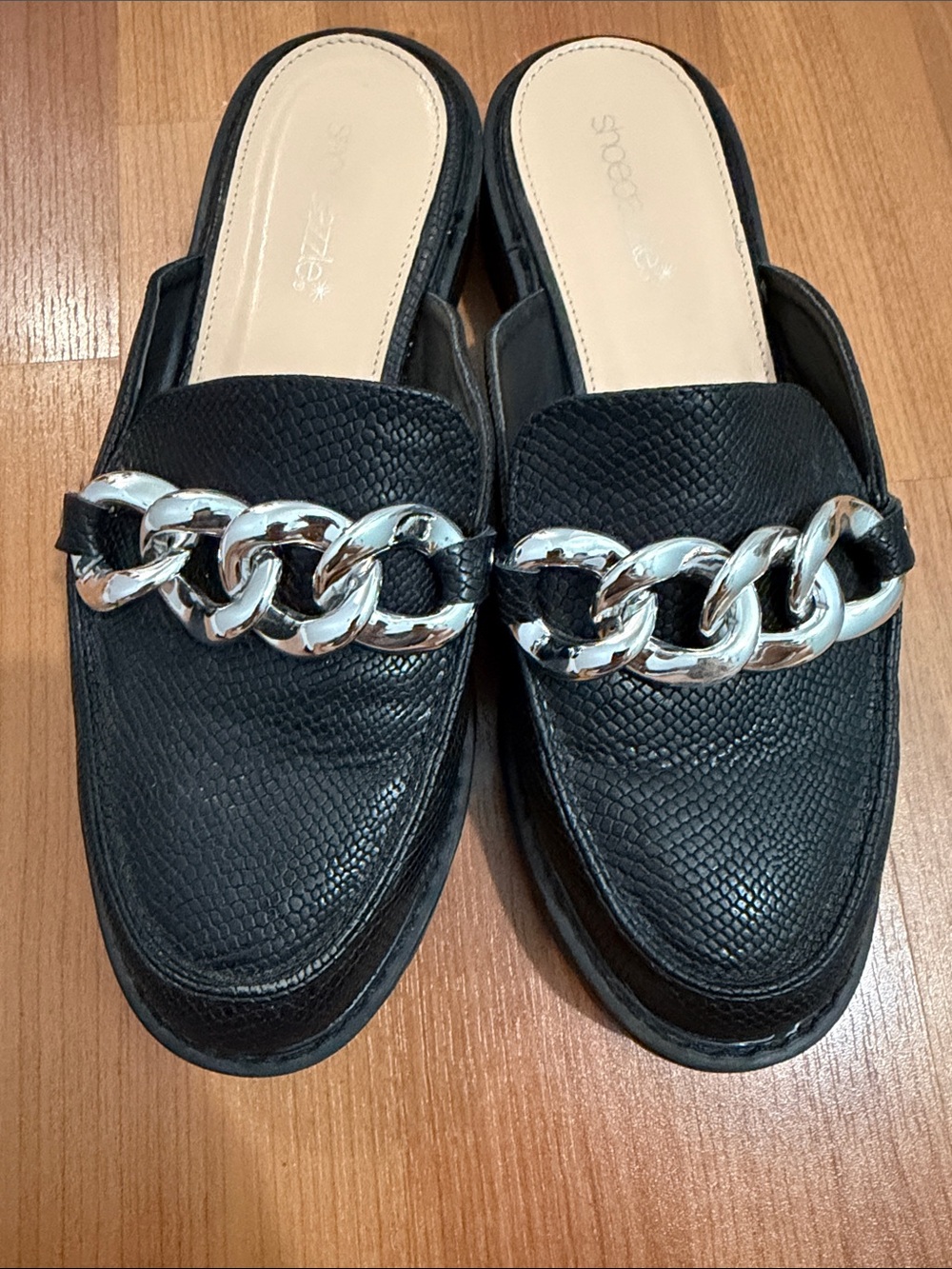 Shoe Dazzle Black Textured Slip-On Mules with Silver Chain Accent